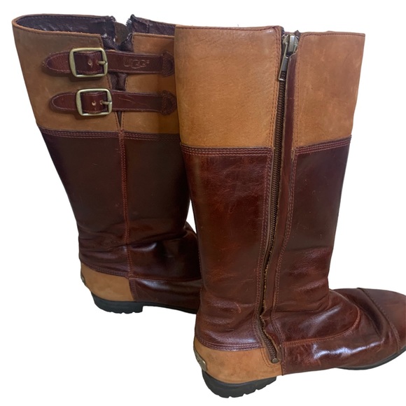 UGG Barolo Boots Brown Two Tone Leather Knee High Sheepskin Lined Sz 5.5 - Picture 2 of 6